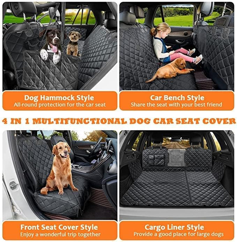 CHEWCREW 4-In-1 Dog Car Seat Cover Waterproof Pet Dog Travel Mat Mesh Dog Carrier Car Hammock Cushion Protector with Zippers and Pockets (Black)